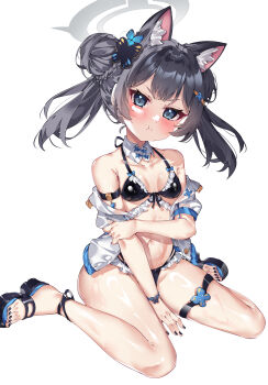 1girl :t absurdres alternate_costume animal_ear_fluff animal_ears bikini black_bikini black_hair black_sandals blue_archive blush cat_ears chinese_commentary collar collarbone commentary double_bun extra_ears full_body grey_eyes grey_halo hair_bun halo highres hua-huahua jacket kemonomimi_mode kisaki_(blue_archive) looking_at_viewer navel pear-shaped_figure petite sandals simple_background sitting solo swimsuit twintails v-shaped_eyebrows wariza white_background white_collar white_jacket