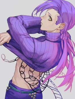 Rule 34 | 1boy, belt, freckles, from behind, frown, green belt, grey background, highres, jojo no kimyou na bouken, long hair, looking at viewer, male focus, pants, purple pants, purple sweater, rr9pt76u5phwgqx, simple background, solo, sweater, turtleneck, turtleneck sweater, undressing, vento aureo, vinegar doppio, yellow eyes