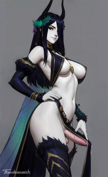 1futa areola_slip artist_name black_hair black_horns black_nails breasts clothing_aside colored_sclera colored_skin erection fingernails futanari grey_background hair_ornament hair_over_one_eye hand_on_own_hip highres horns insect_wings large_breasts light_smile lips long_hair looking_at_viewer melaina_(tarakanovich) monster_girl navel no_panties original pelvic_curtain pelvic_curtain_aside penis precum revealing_clothes simple_background solo stomach tarakanovich testicles thighs uncensored white_skin wings wreath yellow_sclera