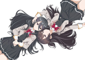 2girls ahoge black_eyes black_hair black_skirt black_vest blazer bow bowtie breasts brown_jacket cleaned closed_mouth collared_shirt doga_kobo dot_nose female_focus flat_chest hand_on_another&#039;s_head jacket kimishima_ayano legs long_hair long_sleeves looking_at_another lying miniskirt multiple_girls official_art on_back pleated_skirt red_bow red_bowtie school_uniform seiren_academy_school_uniform shirt shirt_under_vest simple_background skirt small_breasts suou_yuki thighs tokidoki_bosotto_roshia-go_de_dereru_tonari_no_alya-san vest white_background white_shirt