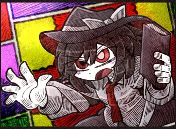 1girl arm_garter black_arm_garter black_hat black_skirt blush blush_stickers book bow brown_hair collar hat hat_bow holding holding_book long_sleeves necktie open_mouth red_eyes shirt skirt sleeve_cuffs solo suenari_(peace) touhou usami_renko white_collar white_shirt