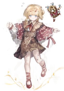 1girl :o absurdres balancing blonde_hair blue_eyes braid braided_bangs brown_dress chibi chibi_inset cloak dress flying_sweatdrops full_body highres ic_(iccccccccc81) kiperina leg_ribbon leg_tattoo looking_down low_ponytail neckerchief ponytail red_cloak red_neckerchief red_ribbon red_shoes reverse:1999 ribbon shoes short_dress solo sparkle standing standing_on_one_leg tattoo white_background