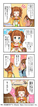 4koma absurdres black_eyes blonde_hair blue_eyes brown_hair closed_eyes comic dark-skinned_female dark_skin earrings english_text food highres idolmaster idolmaster_(classic) idolmaster_shiny_colors idolmaster_shiny_colors_song_for_prism izumi_mei japanese_text jewelry multicolored_hair official_art open_mouth orange_hair profile takatsuki_yayoi translation_request twintails