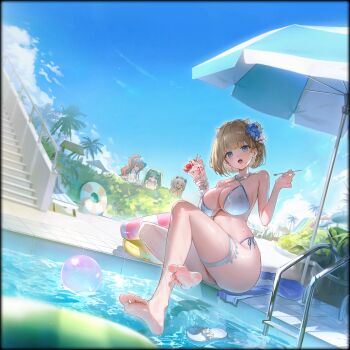 4girls animal_ears ball bare_arms barefoot beach_umbrella beachball bikini blue_eyes blue_sky breasts brown_dust_(series) brown_dust_2 brown_hair cleavage collarbone day feet food green_eyes green_hair grey_eyes hair_ornament highres innertube justia_(brown_dust) large_breasts long_hair looking_at_viewer multiple_girls nebris_(brown_dust_2) official_art origami_aya outdoors palm_tree parfait ponytail pool poolside purple_eyes railing short_hair sitting sky smile solo_focus stairs strawberry_parfait swim_ring swimsuit thighs tree twintails umbrella venaka_(brown_dust_2) wet white_bikini white_hair x_hair_ornament zenith_(brown_dust)