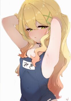 1girl absurdres armpits blonde_hair blue_one-piece_swimsuit blush breasts covered_navel fang fuzuki_miki green_eyes hair_between_eyes half-closed_eyes hands_in_own_hair hdukl highres indie_virtual_youtuber long_hair looking_at_viewer mole mole_under_eye name_tag one-piece_swimsuit parted_lips school_swimsuit signature simple_background skin_fang small_breasts solo sweat swimsuit virtual_youtuber white_background