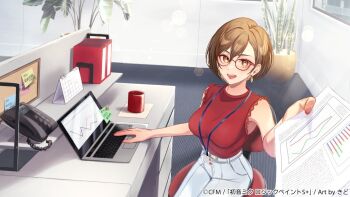 1girl book breasts brown_eyes brown_hair calendar_(object) chair commentary_request computer cup earrings feet_out_of_frame flower_pot hair_between_eyes hatsune_miku_logic_paint_s id_card indoors jewelry laptop large_breasts looking_at_viewer meiko_(vocaloid) necklace nhrg806 office_chair official_alternate_costume official_art open_mouth pants paper phone plant potted_plant pov red_nails shirt short_hair sitting sleeveless sleeveless_shirt solo swivel_chair teeth upper_body upper_teeth_only vocaloid white_pants window