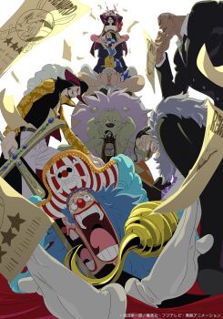 1girl 6+boys alvida_(one_piece) black_necktie blue_hair buggy_the_clown buzz_cut cabaji cigar commentary crocodile_(one_piece) daz_bones dracule_mihawk english_commentary formal_clothes galdino gloves hair_over_one_eye hat highres holding holding_sword holding_weapon hook_hand kojima_takashi lion looking_at_viewer makeup mohji_(one_piece) multiple_boys necktie official_art on_shoulder one_piece open_mouth pirate_hat red_lips red_nose richie_(one_piece) short_hair simple_background stitched_face stitches suit sweatdrop sword third-party_source very_short_hair wanted_poster weapon white_background white_gloves