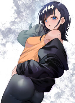 1girl absurdres black_hair black_jacket black_pants blue_eyes bureoeve diagonal_bangs dutch_angle earclip earrings from_behind hand_in_own_hair hand_on_own_hip highres jacket jewelry long_sleeves looking_at_viewer looking_back medalist_(manga) medium_hair off_shoulder okazaki_iruka open_clothes open_jacket pants parted_lips shirt skin_tight sleeveless sleeveless_shirt solo standing stud_earrings yellow_shirt
