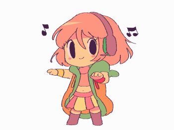 1girl animated animated_gif beamed_eighth_notes black_eyes blush blush_stickers boots chibi closed_mouth commentary crop_top dancing dancing_hot_dog_(snapchat) drawstring eighth_note english_commentary grey_background headphones headset hood hooded_vest hoodie humanization looking_at_viewer lyn_mametchi midriff miniskirt musical_note navel open_clothes open_vest orange_vest pink_hair shirt short_hair simple_background skirt smile snapchat solo thighhighs vest wristband zettai_ryouiki