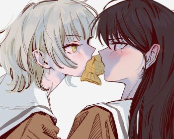 Rule 34 | 12thfog, 2girls, bang dream!, bang dream! it's mygo!!!!!, black hair, blush, commentary request, ear blush, food, hanasakigawa school uniform, highres, kaname raana, korean commentary, long hair, mouth hold, multiple girls, sailor collar, school uniform, shiina taki, simple background, taiyaki, wagashi, white background, white hair, white sailor collar, yellow eyes, yuri