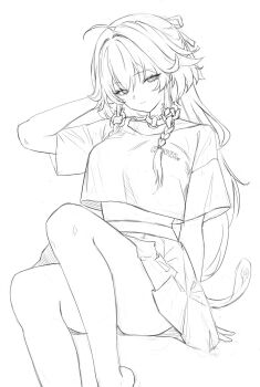 Rule 34 | 1girl, ahoge, alternate costume, arm up, braid, breasts, changli (wuthering waves), choker, closed mouth, commentary, crop top, ddcc0123, feather hair, feet out of frame, hair extensions, highres, large breasts, lineart, long hair, looking at viewer, o-ring, o-ring choker, ring hair extensions, simple background, sitting, sketch, skirt, solo, thighs, twin braids, white background, wuthering waves