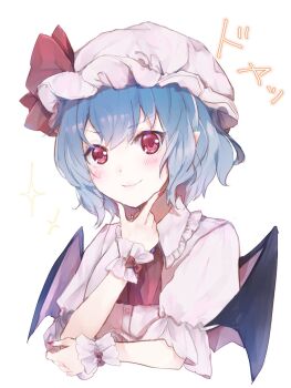 1girl ascot bat_wings blue_hair blush closed_mouth collared_shirt commentary_request frilled_shirt_collar frills hat hat_ribbon highres looking_at_viewer minatsuki_yurara mob_cap pink_hat pink_shirt pointy_ears red_ascot red_eyes red_nails remilia_scarlet ribbon shirt simple_background smile smug solo sparkle touhou translation_request upper_body white_background wings wrist_cuffs