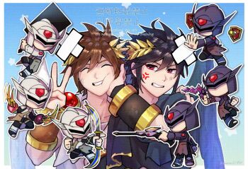 ahoge angel angel_wings anger_vein black_club_(kid_icarus) black_hair bow_(weapon) brown_hair claw_(weapon) closed_eyes club_(weapon) dark_pit dark_pit_staff_(kid_icarus) fighter_(kid_icarus) gradient_background guardian_orbitars_(kid_icarus) helmet highres holding holding_bow_(weapon) holding_weapon kid_icarus kid_icarus_uprising laurel_crown male_focus nintendo outline palutena_bow_(kid_icarus) pit_(kid_icarus) red_eyes rei_(teponea121) siblings star_(symbol) tiger_claws_(kid_icarus) twins v viper_blade_(kid_icarus) watermark weapon white_outline wings