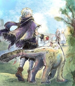 1boy 2girls apple blue_sky brown_shoes cloak cloud commentary_request covered_mouth food fruit h'aanit_(octopath_traveler) highres holding holding_food holding_fruit linde_(octopath_traveler) looking_back multiple_girls octopath_traveler octopath_traveler_i ophilia_clement outdoors purple_cloak qqqqqli shoes sky snow_leopard tail therion_(octopath_traveler) tree walking white_hair