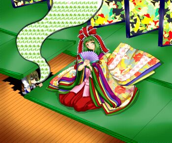 2girls arm_warmers blonde_hair blush bow closed_mouth commentary_request floral_print floral_print_kimono folding_fan folding_screen frilled_bow frills full_body green_eyes green_hair hair_bow hand_fan hinamatsuri japanese_clothes kagiyama_hina kimono long_hair long_sleeves looking_at_another looking_at_viewer mizuhashi_parsee multiple_girls open_mouth paru_paru print_kimono red_bow red_kimono seiza shaded_face shiba_meiji short_hair sitting smile tatami touhou wide_sleeves wooden_floor