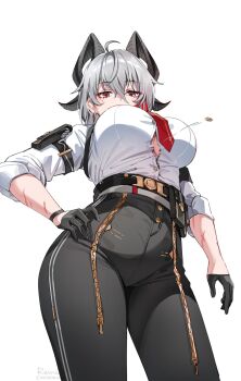 1girl ahoge black_gloves black_horns black_pants breasts button_gap chest_harness commentary cowboy_shot curled_horns earrings flying_button foxyreine from_below gloves grey_hair hair_between_eyes half_gloves hand_on_own_hip harness high-waist_pants highres horns jewelry large_breasts looking_at_viewer looking_down mole mole_under_eye multicolored_hair necktie pants popped_button red_eyes red_necktie scar scar_on_arm shirt signature simple_background solo standing streaked_hair tight_clothes tight_pants underboob wardrobe_malfunction watermark web_address white_background white_shirt wuthering_waves zani_(wuthering_waves)