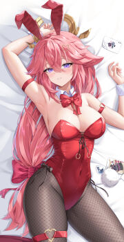 1girl absurdres alternate_costume anal_beads anal_tail animal_ears arm_strap arm_up armpits bare_shoulders bed bed_sheet black_pantyhose bow bowtie breasts butt_plug card cleavage collar commentary_request covered_navel dakimakura_(medium) detached_collar dokimaru fake_animal_ears fake_tail feet_out_of_frame fingernails fishnet_pantyhose fishnets floating_headgear floppy_ears fox_ears from_above genshin_impact hair_between_eyes hair_bow hair_ornament hand_up headgear highleg highleg_leotard highres large_breasts leotard light_blush long_hair looking_at_viewer lying on_back on_bed pantyhose parted_lips pink_bow pink_hair playboy_bunny playing_card presenting_armpit purple_eyes rabbit_ears red_bow red_bowtie red_leotard smile solo strapless strapless_leotard tail thigh_strap unworn_butt_plug very_long_hair white_collar white_wrist_cuffs wrist_cuffs yae_miko