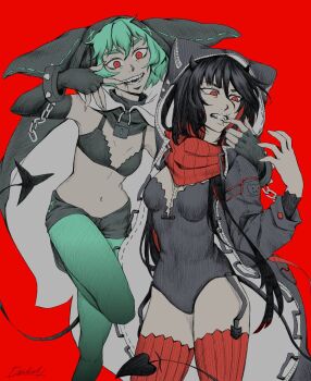 1sabe1x 2girls animal_hood arm_over_shoulder arm_up black_horns black_shoes bra chain cloak fingerless_gloves forced_smile gloves green_hair green_leggings highres hood horns i'm_the_grim_reaper leggings lock looking_at_viewer multiple_girls no_shirt playboy_bunny red_background red_eyes red_scarf red_thighhighs scar scar_on_face scar_on_mouth scarf scarlet_(i'm_the_grim_reaper) sharp_teeth shoes tail teeth thighhighs underwear wrynn_(i'm_the_grim_reaper) zipper