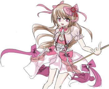 1girl blonde_hair chaos_marie_(grimms_notes) grimms_notes highres holding ikeasuka long_hair looking_at_viewer pink_eyes simple_background solo source_request white_background