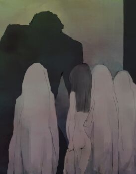 1boy age_difference ass black_hair flat_chest from_behind ghost_costume height_difference hetero highres loli multiple_girls nude original otohime_(youngest_princess) tagme what