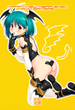 Rule 34 | 1girl, 2020, absurdres, ass, black boots, black shirt, boots, butt crack, c-string, circle name, commentary request, demon girl, demon wings, detached sleeves, dimples of venus, earclip, english text, finger to mouth, floating, green hair, happy new year, head wings, highres, kazuma muramasa, leaning forward, legs up, motion lines, new year, original, outline, partial commentary, purple eyes, shirt, short hair, sleeveless, sleeveless shirt, solo, strapless bottom, thighhighs, white outline, white sleeves, white thighhighs, wings, yellow background