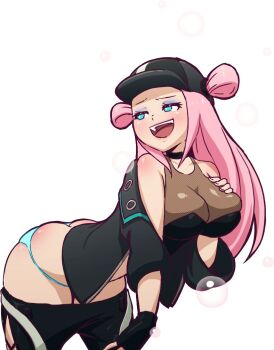 1girl blue_eyes blush breasts bubble clothes_pull fingerless_gloves foamstars gloves hand_on_own_chest hat jacket large_breasts looking_back mike_inel open_mouth pants pants_pull pink_hair see-through_clothes smile soa_(foamstars) thong white_background