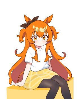 1girl absurdres animal_ears arm_support black_pantyhose blush closed_mouth highres horse_ears horse_girl horse_tail jorang_(jorang08) long_hair looking_at_viewer mayano_top_gun_(umamusume) orange_eyes orange_hair pantyhose shirt simple_background sitting skirt solo t-shirt tail umamusume white_background white_shirt yellow_skirt