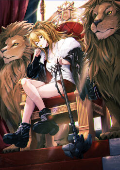 1girl animal animal_ears arknights black_jacket black_shoes candy chromatic_aberration closed_mouth commentary_request crossed_legs food hammer holding holding_candy holding_food holding_lollipop jacket light_particles lion lion_ears lion_girl lollipop long_hair overexposure peppsi_(saba_sabasuk0) red_shorts shirt shoes shorts siege_(arknights) sitting sitting_on_throne solo stairs tank_top throne war_hammer weapon white_shirt white_tank_top