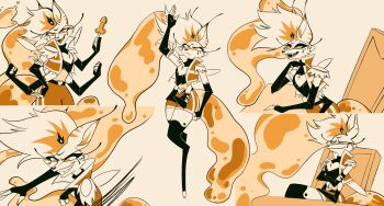 1girl asymmetrical_hair beelzebub_(helluva_boss) demon_girl extra_arms fairy_wings fox_girl furry furry_female hellaverse helluva_boss highres long_hair shorts shungnung_tndsb smug wings yellow_theme