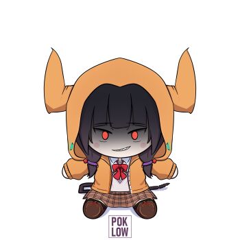 Rule 34 | 1girl, a-pose, artist logo, asakura karen (heaven burns red), bilingual commentary, black hair, blunt bangs, blush stickers, bow, bowtie, brown skirt, chibi, chibi only, collared shirt, commentary, demon horns, demon tail, fake horns, full body, fumo (doll), glowing, glowing eyes, grin, heaven burns red, highres, hood, hood up, hooded jacket, horned hood, horns, jacket, logo, long hair, long sleeves, looking at viewer, mixed-language commentary, open clothes, open jacket, orange jacket, plaid clothes, plaid skirt, poklow, red bow, red bowtie, red eyes, school uniform, sharp teeth, shirt, simple background, sitting, skirt, smile, smirk, solo, tail, teeth, tsurime, twintails, vest, white background, white shirt