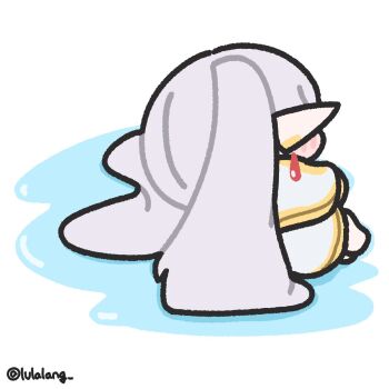 capelet chibi chibi_only commentary crying earrings elf english_commentary frieren frieren's_three-day_tantrum grey_hair highres jewelry long_hair lulalang lying on_side pointy_ears puddle robe simple_background solo sousou_no_frieren twintails white_background white_capelet white_robe