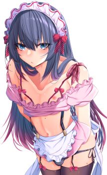1boy apron arms_behind_back black_garter_straps black_hair black_panties black_thighhighs blue_eyes blush bra breasts bulge choppy_bangs clothes_pull cowboy_shot crop_top crossdressing crossdressing_(mtf) cupless_bra frilled_shirt frills garter_straps gradient_hair hair_between_eyes highres leaning_forward legs_together linea_alba long_hair long_sidelocks looking_at_viewer maid maid_headdress makeup male_focus microskirt midriff mole mole_on_breast mole_on_shoulder mole_on_stomach mole_on_thigh multicolored_hair navel nipples off-shoulder_shirt off_shoulder original panties parted_lips pink_hair pink_shirt pink_skirt plaid_ribbon polka_dot polka_dot_panties polka_dot_ribbon puffy_short_sleeves puffy_sleeves raised_inner_eyebrows red_bra red_ribbon ribbon ribbon-trimmed_bra ribbon-trimmed_headwear ribbon_trim shirt shirt_pull shisei_(kyuushoku_banchou) short_sleeves shy side-tie_panties sidelocks simple_background skirt solo solo_focus standing straight_hair suspenders thighhighs thighs trap two-tone_hair unconventional_maid underwear very_long_hair white_apron