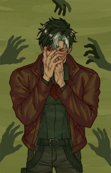 1boy absurdres bat_signal batman_(series) batman_symbol black_bodysuit black_gloves blue_eyes bodysuit brown_jacket dc_comics gloves grey_bodysuit highres jacket jason_todd multicolored_bodysuit multicolored_hair muscular muscular_male red_hood_(dc) red_hood_and_the_outlaws scar scar_on_face seajelllies streaked_hair white_hair