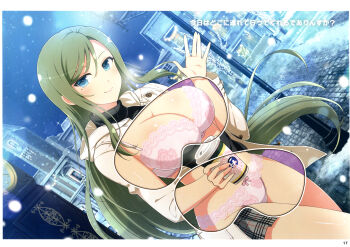 1girl absurdres black_sweater blue_eyes bra breasts christmas_lights cleavage closed_mouth coat floral_print floral_print_bra floral_print_panties fuga_(senran_kagura) green_hair grey_skirt highres holding lace lace-trimmed_bra lace-trimmed_panties lace_trim large_breasts looking_at_viewer mole mole_under_eye non-web_source official_alternate_costume official_art outdoors panties pink_bra pink_panties pleated_skirt print_panties ribbed_sweater senran_kagura senran_kagura_new_link skirt smile solo sweater translated underwear waving winter winter_clothes winter_coat x-ray
