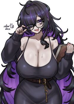 1girl absurdres black-framed_eyewear blush book breasts colored_inner_hair dress goddess_of_victory:_nikke hair_over_one_eye highres holding holding_book huge_breasts label_(nikke) long_hair long_sleeves messy_hair multicolored_hair open_mouth purple_dress purple_hair rotomdocs sweat white_background