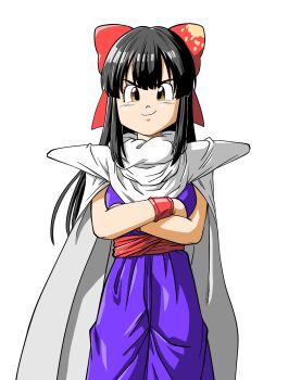 Rule 34 | 1girl, black hair, bow, brown eyes, cape, commentary request, cosplay, cowboy shot, crossed arms, dragon ball, dragonball z, highres, indie virtual youtuber, lee (dragon garou), long hair, mito wakana, parody, piccolo, piccolo (cosplay), red bow, shoulder pads, solo, style parody, toriyama akira (style), virtual youtuber, white cape, wristband