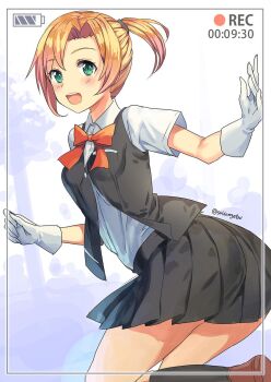 10s 1girl :d black_legwear black_skirt black_vest blonde_hair blush bow bowtie breast_pocket brown_shoes female_focus gloves green_eyes hair_tie highres kantai_collection looking_at_viewer maikaze_(kancolle) mizuta_kenji one-hour_drawing_challenge open_mouth pleated_skirt pocket ponytail recording red_bow red_bowtie school_uniform shirt shoes short_sleeves skirt smile solo timer twisted_torso twitter_username vest viewfinder white_gloves white_shirt