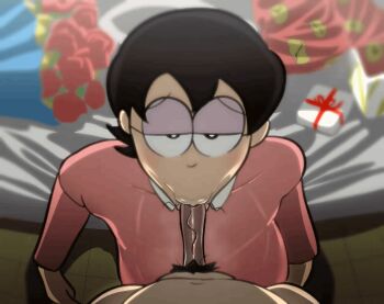 1boy 1girl animated animated_gif bed bedroom black_hair bottomless breasts clothed_sex doraemon fellatio glasses incest male_pubic_hair manilla medium_breasts medium_hair medium_penis mother_and_son nobi_nobita nobi_tamako open_mouth oral partially_undressed penis pov pubic_hair sex stray_pubic_hair veins veiny_penis