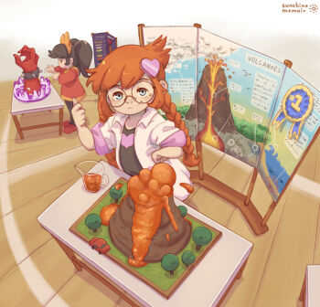 2021 2girls ashley_(warioware) baking_soda_volcano black_hair blue_eyes blue_ribbon bracelet braid demon diorama dress glasses hair_ornament hand_on_own_hip headdress heart heart_hair_ornament highres jewelry khiuly lab_coat long_hair looking_at_viewer mario_(series) measuring_cup multiple_girls nintendo orange_hair pantyhose penny_crygor red_dress red_eyes ribbon science_fair smile spiked_bracelet spikes summoning thumbs_up toy_car twin_braids twintails volcano warioware