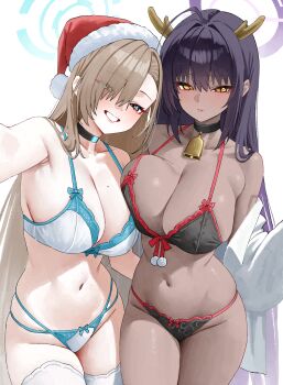 2girls absurdres ahoge antlers armpits asuna_(blue_archive) asymmetrical_bangs asymmetrical_docking bell black_choker black_hair blue_archive blush bow bow_bra bow_panties bra breast_press breasts brown_hair choker collarbone commentary dark-skinned_female dark_skin english_commentary eyes_visible_through_hair fur-trimmed_headwear fur_trim groin hair_over_one_eye halo hat highres horns karin_(blue_archive) kono_(xerondan321) large_breasts lingerie long_hair looking_at_viewer mole mole_on_breast multiple_girls navel neck_bell paid_reward_available panties red_hat santa_hat simple_background smile stomach straight_hair thighhighs thighs two-tone_bra two-tone_panties underwear underwear_only very_long_hair white_background white_thighhighs