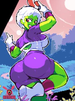 1girl armor artist_name ass bodysuit breastplate breasts cheelai colored_skin curvy ditchu dragon_ball dragon_ball_super forest gloves green_skin huge_ass large_breasts looking_at_viewer looking_back nature open_mouth outdoors pixel_art pixie_cut purple_bodysuit purple_eyes shiny_clothes short_hair solo standing standing_on_one_leg tinted_eyewear white_gloves white_hair
