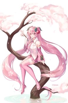 1girl ahoge bare_shoulders blush breasts cherry_hair_ornament closed_mouth collared_shirt commentary_request detached_sleeves floral_print flower food-themed_hair_ornament full_body hair_between_eyes hair_ornament hatsune_miku headset highres holding holding_flower long_hair long_sleeves looking_at_viewer medium_breasts miku_day miniskirt necktie official_alternate_costume pink_eyes pink_flower pink_hair pink_necktie pink_skirt pleated_skirt sakura_miku shirt simple_background sitting sitting_on_branch skirt sleeveless sleeveless_shirt solo thick_thighs thighhighs thighs tiasye twintails very_long_hair vocaloid white_background white_trim wide_sleeves zettai_ryouiki