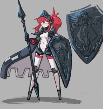 1girl android black_cape breasts cape full_body highres holding holding_polearm holding_shield holding_weapon joints katerina_(nradiowave) medium_breasts naked_cape navel no_feet no_nipples no_pussy nradiowave nude original polearm ponytail red_hair robot_joints shield simple_background solo spear standing visor_(armor) weapon