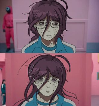 1girl antenna_hair bags_under_eyes closed_mouth danganronpa:_trigger_happy_havoc danganronpa_(series) danganronpa_another_episode:_ultra_despair_girls eyelashes fukawa_toko hair_between_eyes highres meme messy_hair mole mole_under_mouth protected_link purple_eyes purple_hair sideways_glance solo_focus squid_game sweat tampiccochan watermark year_1_&amp;_year_2_(squid_game)_(meme)