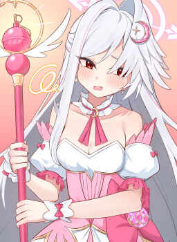 1girl absurdres amaton707 bare_shoulders blue_archive blush breasts crescent crescent_hair_ornament detached_sleeves dress embarrassed explosive grenade hair_ornament halo head_wings highres holding holding_wand long_hair looking_to_the_side magical_girl official_alternate_costume open_mouth pink_background pink_dress puffy_detached_sleeves puffy_sleeves purple_halo red_eyes sideways_glance simple_background single_head_wing single_wing small_breasts solo suzumi_(blue_archive) suzumi_(magical)_(blue_archive) very_long_hair wand white_hair white_wings wing_ornament wings wrist_cuffs