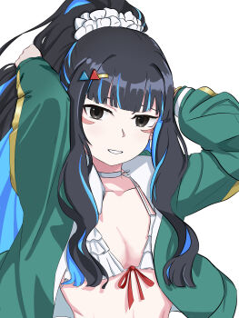 1girl absurdres arms_behind_head arms_up bikini black_hair blue_hair breasts chinese_commentary choker cleavage colored_inner_hair commentary eyeliner fate/grand_order fate_(series) frilled_bikini frills green_jacket grey_eyes grin hair_ornament hair_scrunchie hairclip high_ponytail highres jacket long_hair long_sleeves looking_at_viewer makeup medium_breasts multicolored_hair ponytail scrunchie shicheng sidelocks smile solo swimsuit tenochtitlan_(fate) tenochtitlan_(swimsuit_mooncancer)_(fate) tenochtitlan_(swimsuit_mooncancer)_(first_ascension)_(fate) white_bikini