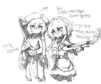 Rule 34 | 2girls, alternate costume, apron, beret, bow, braid, commentary, crowbar, dress, gloves, greyscale, gun, hair bow, hat, hat ornament, highres, holding, holding crowbar, holding gun, holding weapon, hong meiling, izayoi sakuya, korean commentary, korean text, long hair, maid, maid headdress, monochrome, multiple girls, open mouth, pants, rampa93, shirt, shotgun, sleeveless, sleeveless shirt, smile, smoke, smoking barrel, star (symbol), star hat ornament, touhou, translation request, twin braids, very long hair, waist apron, weapon