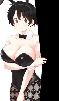 Rule 34 | 1girl, animal ear hairband, animal ears, argyle clothes, argyle pantyhose, arm under breasts, bare shoulders, black background, black bow, black bowtie, black hair, black hairband, black leotard, black pantyhose, bow, bowtie, breasts, brown eyes, bunny day, cleavage, cowboy shot, detached collar, fake animal ears, grey pantyhose, hairband, hashtag-only commentary, highres, large breasts, leotard, looking at viewer, meika-san wa oshikorosenai, oka miyako, pantyhose, parted lips, playboy bunny, rabbit ear hairband, rabbit ears, saitou shouki, short hair, solo, sweat, teeth, two-tone background, white background, white wrist cuffs, wrist cuffs