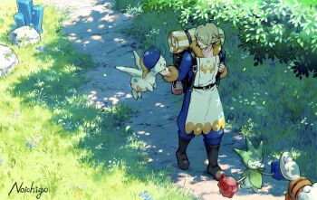 1boy ^_^ arm_up backpack backwards_hat bag black_boots blonde_hair blue_pants blue_shirt boots closed_eyes commentary_request floating fur-trimmed_collar fur-trimmed_sleeves fur_trim gen_2_pokemon gen_3_pokemon grass hair_over_one_eye hat hisuian_growlithe holding_strap male_focus multicolored_hat nintendo no_ichigo one_eye_covered open_mouth pants parted_lips path pokemon pokemon_legends:_arceus road rock roselia_(pokemon) shirt smile solo tabard togetic tree volo_(pokemon) walking yellow_fur