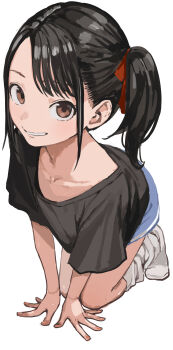 1girl absurdres arm_support black_hair black_shirt blue_skirt bow brown_eyes collarbone commentary_request full_body hair_bow highres kneeling looking_at_viewer no_shoes original red_bow shirt side_ponytail simple_background skirt smile socks solo white_background white_socks yamamoto_souichirou